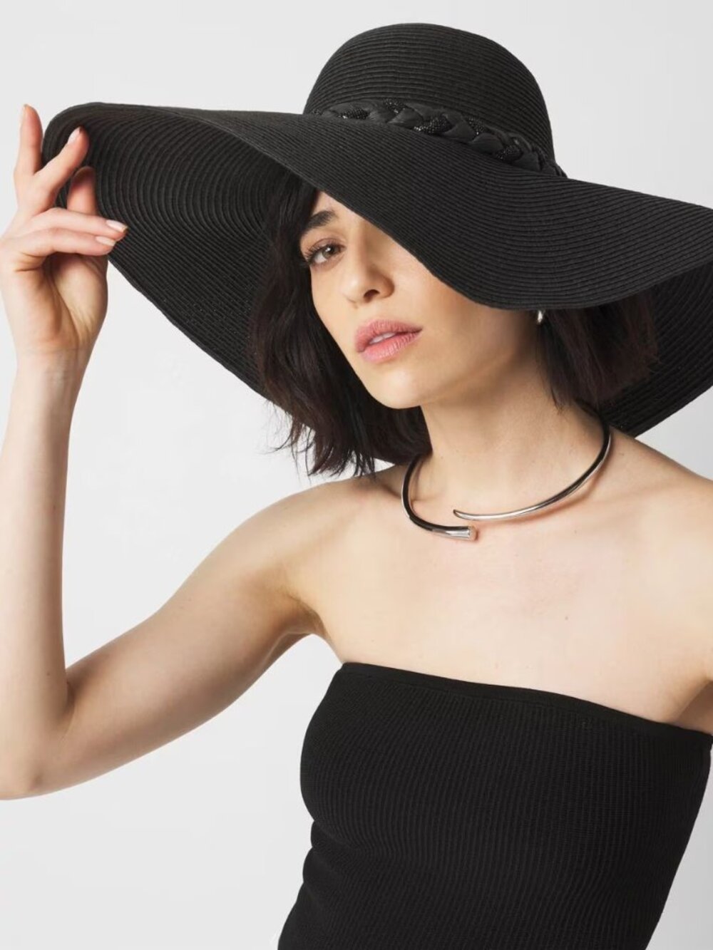 NWT WHITE HOUSE BLACK MARKET BRAIDED RHINESTONE CRYSTAL RAFFIA FLOPPY HAT BLACK